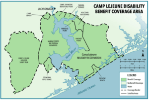 A map of the areas on Camp Lejeune military base that are eligible to file a lawsuit